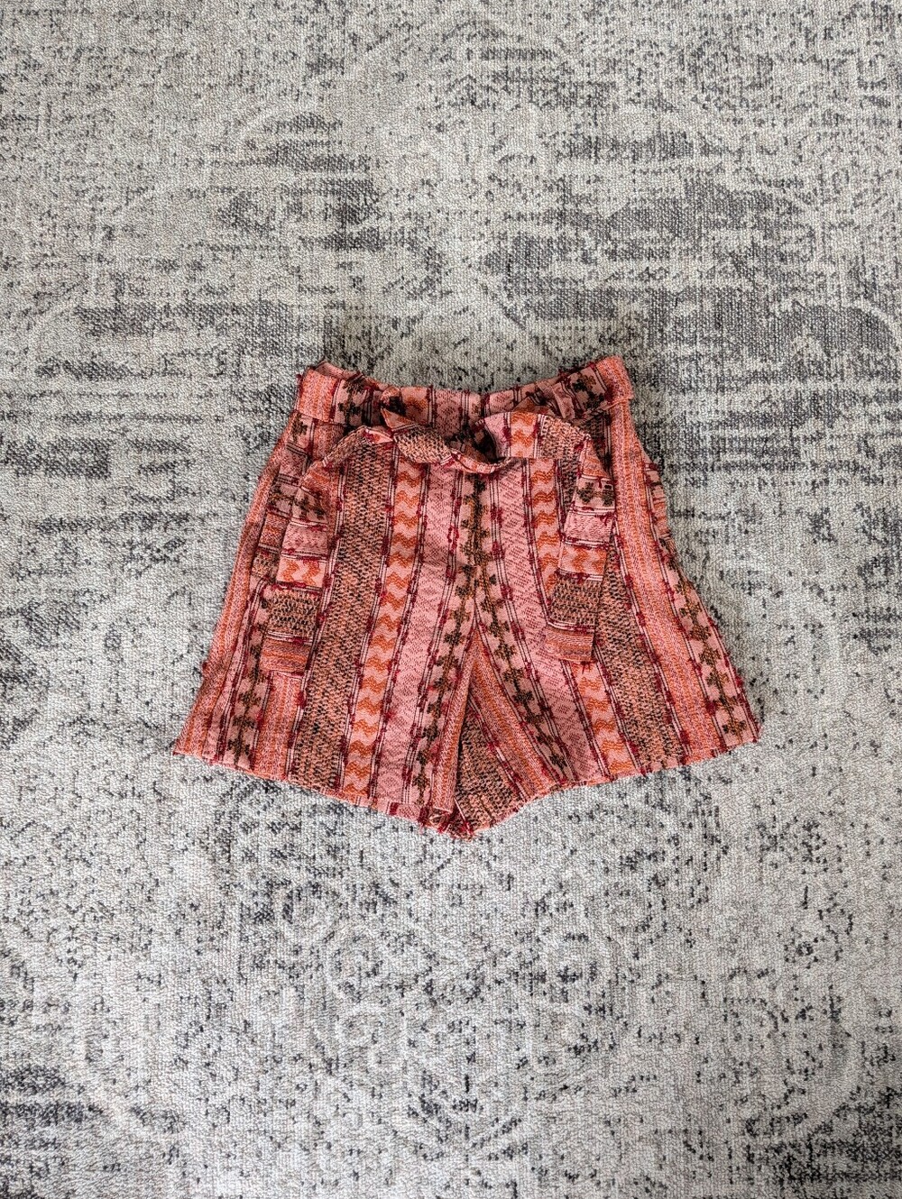 Eva Franco tapestry style highrise coral pink patterned high waisted shorts .